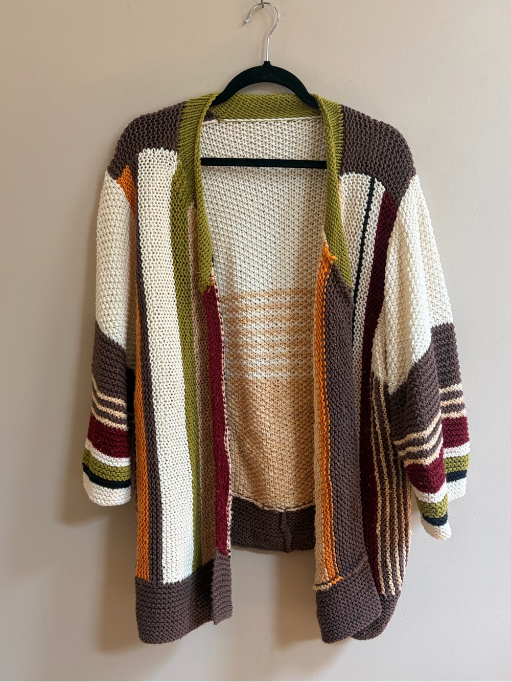 Vintage Handmade Knit Crochet Striped Multicolor Open Front Cardigan Sweater